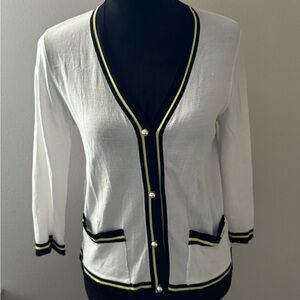 JJ Jigott White cardigan stripe trim pearl buttons light knit cardigan Sz S